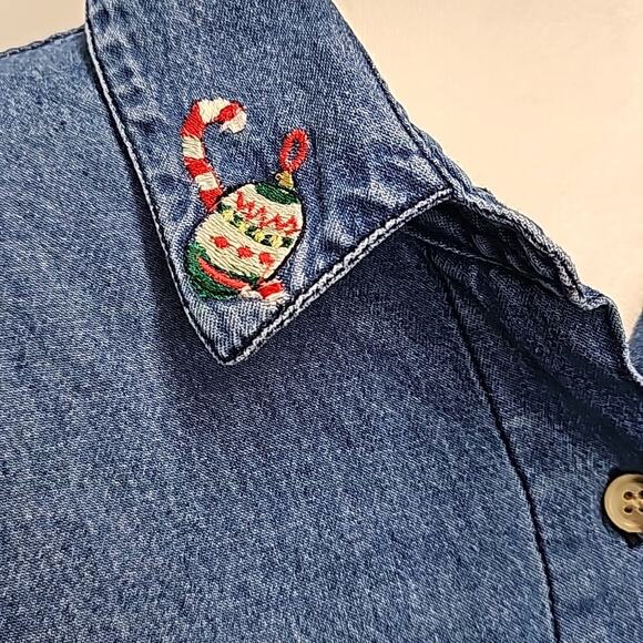 Solutions Original Denim Christmas Shirt Button Closure 2 Pocket Woman Size L - Picture 2 of 11